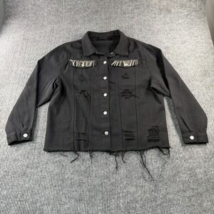 Kroix Denim Jacket Womens 2X Black Excellent Distressed Rhinestone Fringe Edgy